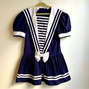 Vintage Bonnie Jean Nautical Girls Dress Navy Blue White Bow Cruise Party 4 / 5